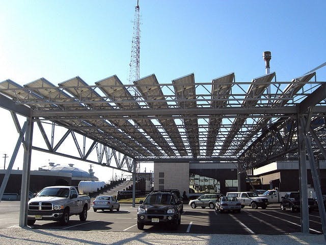 Solar power panels on a carport at the Atlantic City Utility Authority, Atlantic City, New Jersey Credit: Armando Jimenez, project manager, U.S. Army Corps of Engineer, New York District