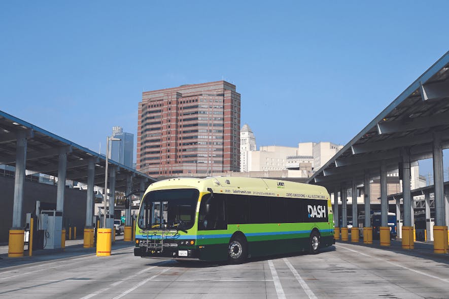Earlier this year, Proterra delivered its 25th ZX5 battery-electric transit bus to LADOT in support of the agency&rsquo;s transition to a fully electric fleet. Photo courtesy of Proterra
