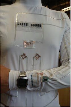 The wearable microgrid uses energy from human sweat and movement to power an LCD wristwatch and electrochromic device. Photos by Lu Yin The wearable microgrid uses energy from human sweat and movement to power an LCD wristwatch and electrochromic device. Photos by Lu Yin