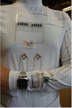 The wearable microgrid uses energy from human sweat and movement to power an LCD wristwatch and electrochromic device. Photos by Lu Yin