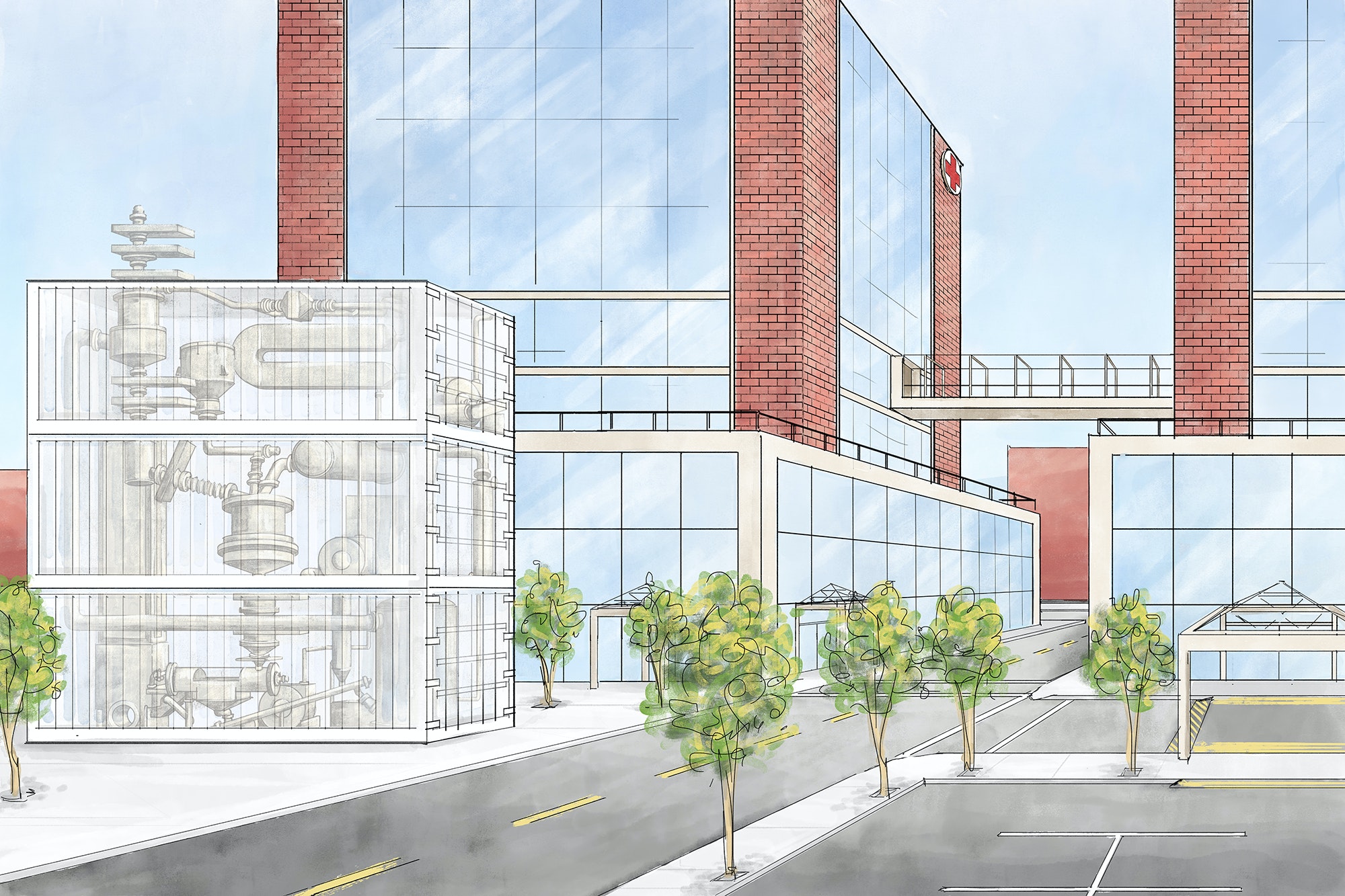 Rendering of a hospital with a waste-to-hydrogen microgrid. Courtesy of Ways2H