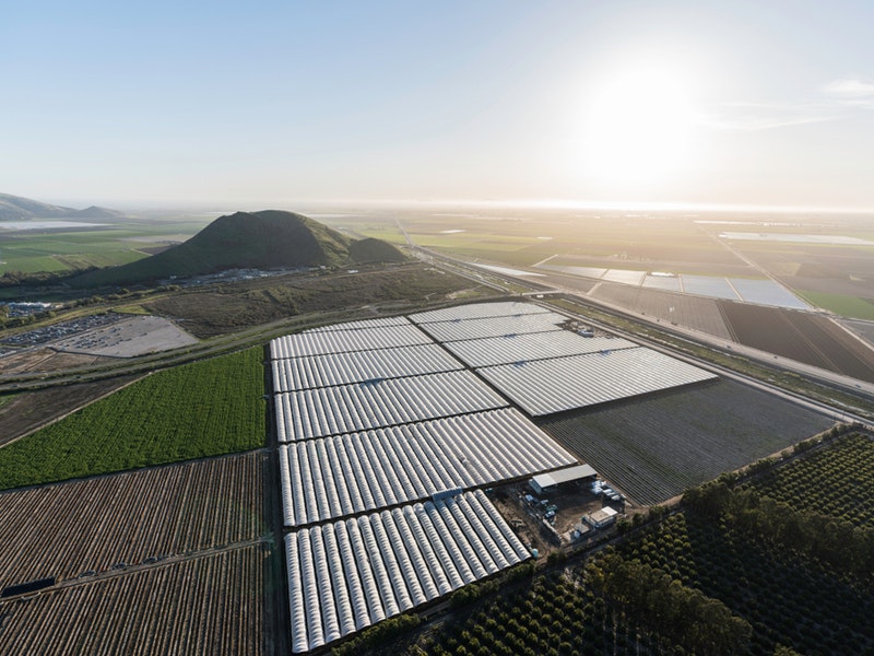 Aerial view of coastal farm fields near Oxnard and Camarillo in scenic Ventura County, California.