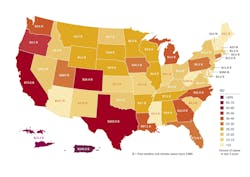 Percentage of state’s total historic losses from weather and climate disasters in last five years. Map by E2 with data from NOAA. Reprinted with permission. Percentage of state’s total historic losses from weather and climate disasters in last five years. Map by E2 with data from NOAA. Reprinted with permission.