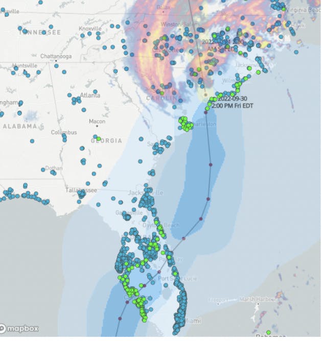 Snapshot in time of customers operating on PowerSecure monitored microgrids during Hurricane Ian. Green points are operating microgrids. Many are major retail facilities providing vital lifelines to their communities and a source of essential supplies such as drinking water, ice, baby supplies, medicines and food.