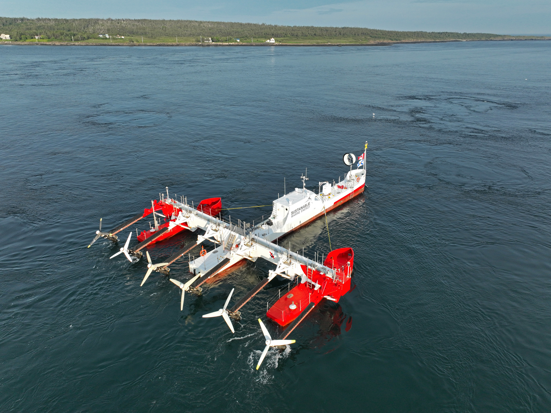 Six turbines on Sustainable Marine's floating platform, PLAT-I 6.40. Photo courtesy of Sustainable Marine Energy