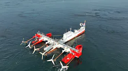 Six turbines on Sustainable Marine's floating platform, PLAT-I 6.40. Photo courtesy of Sustainable Marine Energy