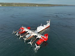 Six turbines on Sustainable Marine's floating platform, PLAT-I 6.40. Photo courtesy of Sustainable Marine Energy Six turbines on Sustainable Marine's floating platform, PLAT-I 6.40. Photo courtesy of Sustainable Marine Energy