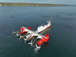 Six turbines on Sustainable Marine&apos;s floating platform, PLAT-I 6.40. Photo courtesy of Sustainable Marine Energy
