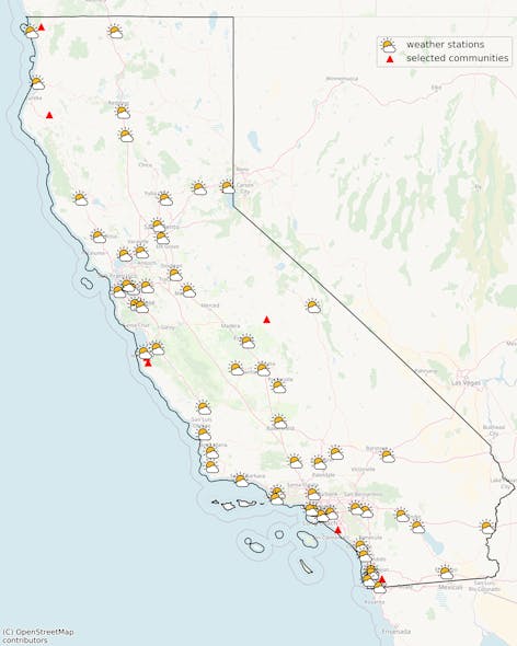 California map illustrating a selection of communities suitable for microgrid implementation. (Credit: Bingyu Zhao/Vienna University of Technology)