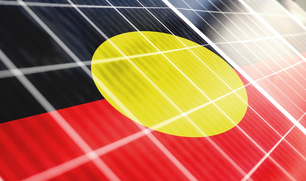 Solar panels on the background of the image of the flag of Australian Aboriginal flag. Source: Millenius / Shutterstock.com