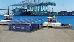 Rendering of electric tugboat and charging station, which includes two containerized energy storage systems plus some solar.