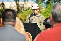 U.S. Army Col. Christopher Midberry, Fort Campbell Garrison Commander, addresses attendees at a microgrid ground-breaking ceremony, October 3, 2023, on Fort Campbell, Ky. (Source: U.S. Army photo by Kayla Cosby)