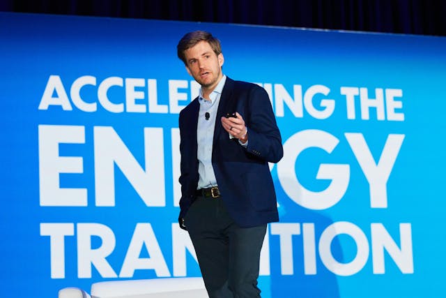 Wes Doane, VP of Intersolar North America and Energy Storage North America, speaks during the keynote event at the San Diego Convention Center.