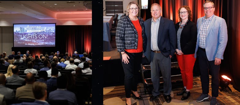 Memories of Microgrid Conference 2023 in Anaheim. Third from left in the right photo is DOE's Katrina Pielli, who will return this year as a plenary panelist in a session with DOE Grid Controls Deputy Secretary Gilbert Bindewald.