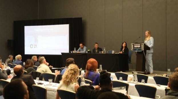 Kristel Watson (far right), of Scale Microgrid, speaking during the first day's university microgrids session at Microgrid Knowledge 2024 in Baltimore. Image credit Chandler Stafford.