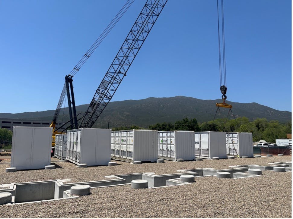 Setting EOS batteries at the Viejas Enterprise Microgrid (VEM). The microgrid will have a combination of Invinity vanadium batteries and EOS zinc batteries. (Source: Indian Energy)