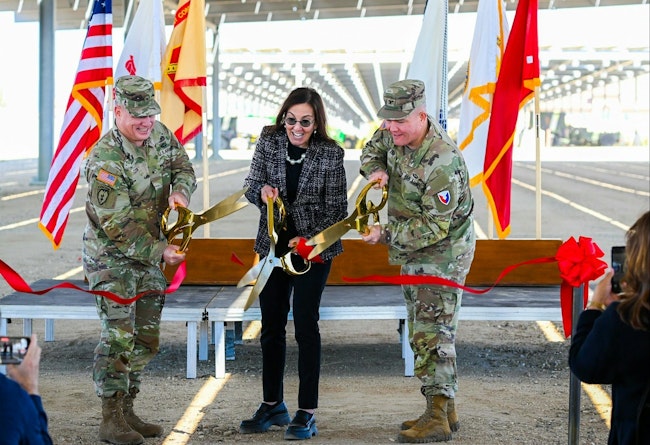 Brig. Gen. Christopher W. Cook, deputy commanding general of the 63rd Readiness Division; the Honorable Rachel Jacobson, assistant secretary of the Army for installations, energy and environment; and Col. Stephen Trotter, Fort Hunter Liggett Garrison Commander - cut the ceremonial ribbon to mark the completion of a $21.8 million microgrid project. (Photo Credit: U.S. Army photo by Augusta Vargas)