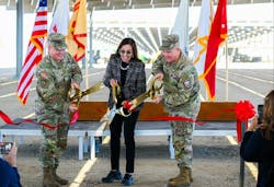 Brig. Gen. Christopher W. Cook, deputy commanding general of the 63rd Readiness Division; the Honorable Rachel Jacobson, assistant secretary of the Army for installations, energy and environment; and Col. Stephen Trotter, Fort Hunter Liggett Garrison Commander - cut the ceremonial ribbon to mark the completion of a $21.8 million microgrid project. (Photo Credit: U.S. Army photo by Augusta Vargas) Brig. Gen. Christopher W. Cook, deputy commanding general of the 63rd Readiness Division; the Honorable Rachel Jacobson, assistant secretary of the Army for installations, energy and environment; and Col. Stephen Trotter, Fort Hunter Liggett Garrison Commander - cut the ceremonial ribbon to mark the completion of a $21.8 million microgrid project. (Photo Credit: U.S. Army photo by Augusta Vargas)