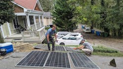 Will Heegaard, Footprint Project, left, and Cade Spencer, Renewable Design Associates, installing a POP-UP EMERGENCY CRITICAL SERVICES MICROGRID at CooperRiis Mental Health Halfway house for lights and refrigerators on day three of the Helene recovery Will Heegaard, Footprint Project, left, and Cade Spencer, Renewable Design Associates, installing a POP-UP EMERGENCY CRITICAL SERVICES MICROGRID at CooperRiis Mental Health Halfway house for lights and refrigerators on day three of the Helene recovery