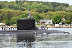The Virginia-class attack submarine USS California (SSN 781) transits the Thames River during a change-of-command ceremony near Naval Submarine Base New London in Groton, Connecticut. (Source: U.S. Navy photo by Chief Petty Officer Joshua Karsten) The Virginia-class attack submarine USS California (SSN 781) transits the Thames River during a change-of-command ceremony near Naval Submarine Base New London in Groton, Connecticut. (Source: U.S. Navy photo by Chief Petty Officer Joshua Karsten)