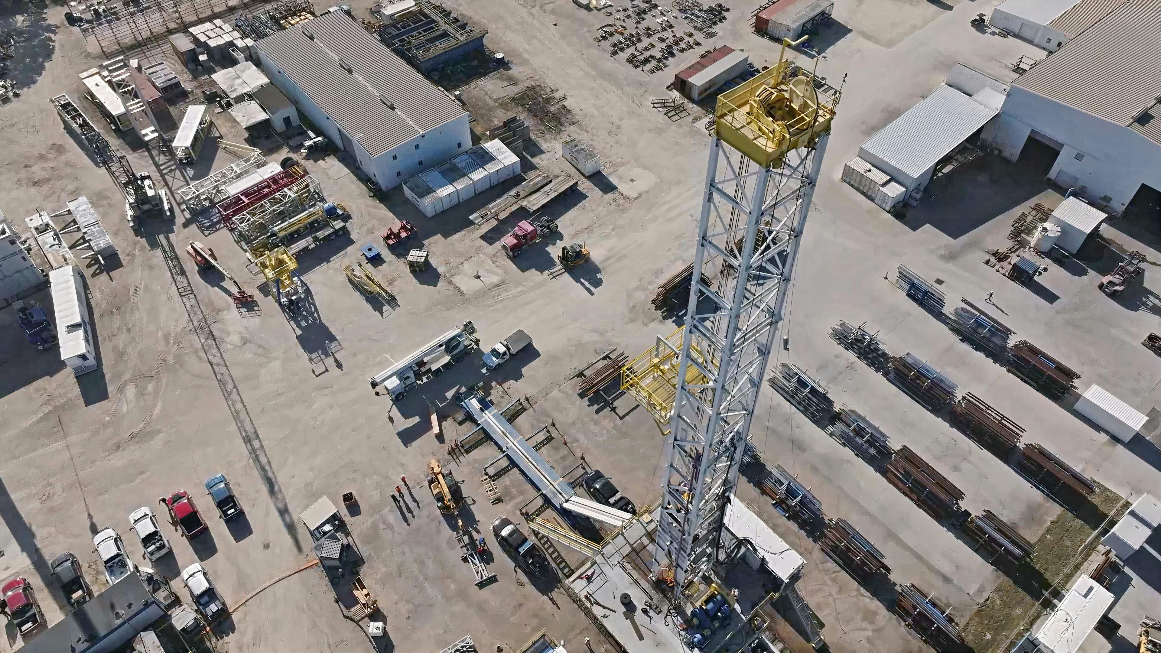 Aerial view of a drilling rig from Nabors Industries where Quaise Energy is installing millimeter wave capabilities. Work at Nevada Gold Mines will require a similar setup to develop deep geothermal energy onsite. Image credit Quaise Energy