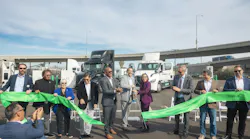 Ribbon cutting ceremony for the FM Harbor electric truck charging depot in the Port of Long Beach. With 9 MW of power and 44 high-speed charging dispensers, the depot provides reliable and convenient charging next to terminals for Forum Mobility customer fleets. (Source: Forum Mobility)
