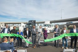 Ribbon cutting ceremony for the FM Harbor electric truck charging depot in the Port of Long Beach. With 9 MW of power and 44 high-speed charging dispensers, the depot provides reliable and convenient charging next to terminals for Forum Mobility customer fleets. (Source: Forum Mobility) Ribbon cutting ceremony for the FM Harbor electric truck charging depot in the Port of Long Beach. With 9 MW of power and 44 high-speed charging dispensers, the depot provides reliable and convenient charging next to terminals for Forum Mobility customer fleets. (Source: Forum Mobility)