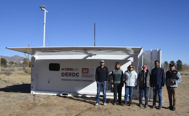 The nanogrid team: (Left to right) Branden Kurpenski, Production Manager, Sesame Solar; Gail Vaucher, Project Leader, Army Research Laboratory; Carol J. Bailey, SR Project Manager and Engineer, ERDC-CERL; Trish Cutler, Wildlife Biologist, WSMR Garrison Environmental Division; Nikmil Raj Nune, Engineering Manager, Sesame Solar and Benito F. Perez, Research Engineer, ERDC CERL (Courtesy Photo by Miriam Rodriguez)