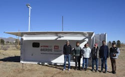 The nanogrid team: (Left to right) Branden Kurpenski, Production Manager, Sesame Solar; Gail Vaucher, Project Leader, Army Research Laboratory; Carol J. Bailey, SR Project Manager and Engineer, ERDC-CERL; Trish Cutler, Wildlife Biologist, WSMR Garrison Environmental Division; Nikmil Raj Nune, Engineering Manager, Sesame Solar and Benito F. Perez, Research Engineer, ERDC CERL (Courtesy Photo by Miriam Rodriguez) The nanogrid team: (Left to right) Branden Kurpenski, Production Manager, Sesame Solar; Gail Vaucher, Project Leader, Army Research Laboratory; Carol J. Bailey, SR Project Manager and Engineer, ERDC-CERL; Trish Cutler, Wildlife Biologist, WSMR Garrison Environmental Division; Nikmil Raj Nune, Engineering Manager, Sesame Solar and Benito F. Perez, Research Engineer, ERDC CERL (Courtesy Photo by Miriam Rodriguez)