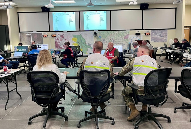 The Fort Hunter Liggett Emergency Operations Center (EOC) during the recent power outage. It is staffed with key garrison and tenant staff for information gathering and dissemination and coordinating efforts to mitigate and resolve issues. The garrison commander and command team provide guidance and makes decisions to mitigate or resolve issues. (Photo by Amy Phillips)