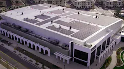 Aerial for the Frontwave Arena rooftop solar array. Image credit Mayfield Renewables via Youtube