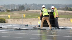 Solar installation atop Frontwave Arena. Image credit Mayfield Renewables via YouTube Solar installation atop Frontwave Arena. Image credit Mayfield Renewables via YouTube