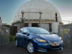 2020 Nissan Leaf in front of geodesic dome high-voltage testing facility at PG&E's Applied Technology Services Center (ATS) in San Ramon, Calif. Credit PG&E 2020 Nissan Leaf in front of geodesic dome high-voltage testing facility at PG&E's Applied Technology Services Center (ATS) in San Ramon, Calif. Credit PG&E