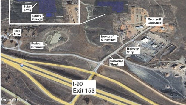 Google Earth aerial view of the Moorcroft site where PowerSecure is developing a solar and battery storage project for the cooperative. Image credit Powder River Energy Corp.