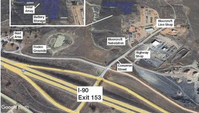 Google Earth aerial view of the Moorcroft site where PowerSecure is developing a solar and battery storage project for the cooperative. Image credit Powder River Energy Corp.