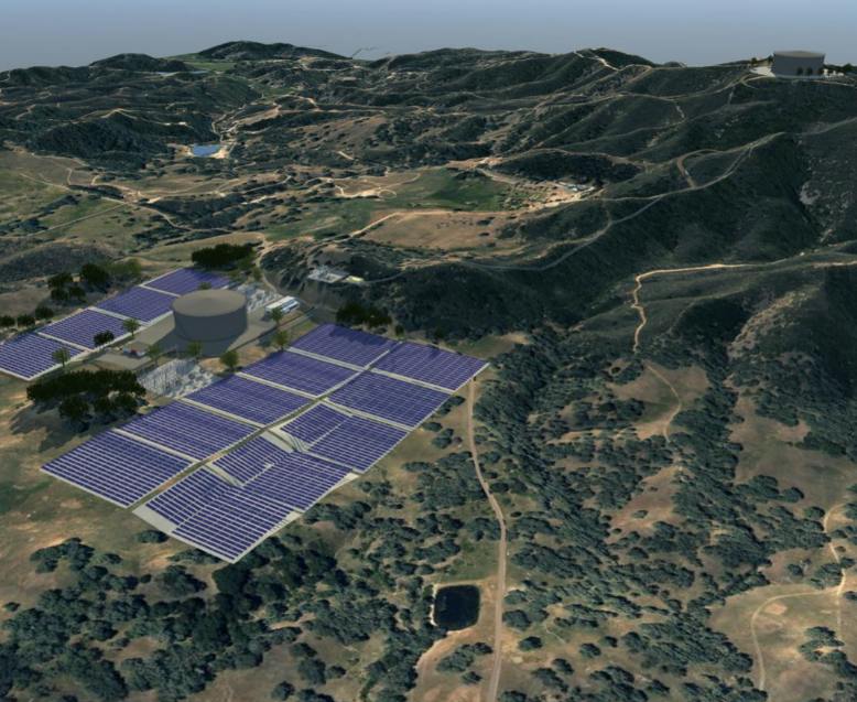 Rendering of pumped storage, solar and battery storage microgrid. Image credit Trane Energy Services